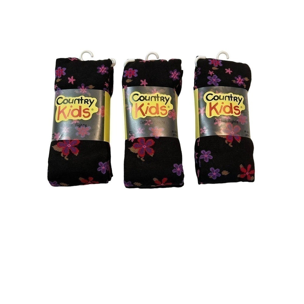 3 Pack Country Kids Cotton Girls Tights 9-11 Years Black Floral